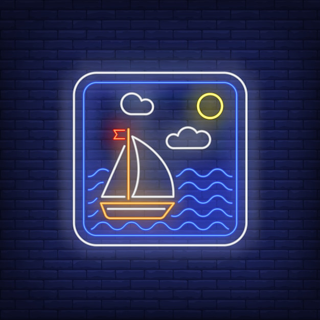 Free vector sailboat in sea frame neon sign