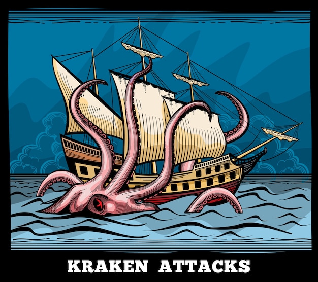 Sailing vessel and Kraken monster octopus vector logo in cartoon style. Squid with tentacle myth, adventure voyage illustration