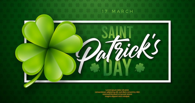 Saint Patrick's Day Design with Clover Leaf on Green Background. Irish Beer Festival Celebration Holiday Illustration with typography and Shamrock