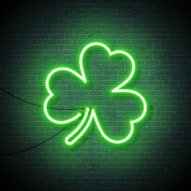 Saint Patrick's Day Illustration with Glowing Clover Leaves Shape Neon Lights on Brick Wall