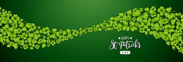 Saint Patricks Day Illustration with Flying Clover Leaves and Typography Letter on Green Background