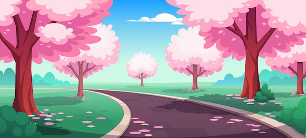 Free vector sakura blossom park road cartoon illustration