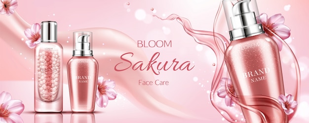 Free Vector sakura cosmetics bottles banner, serum and primer