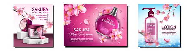 Sakura Natural Cosmetics Promo Posters Set Vector