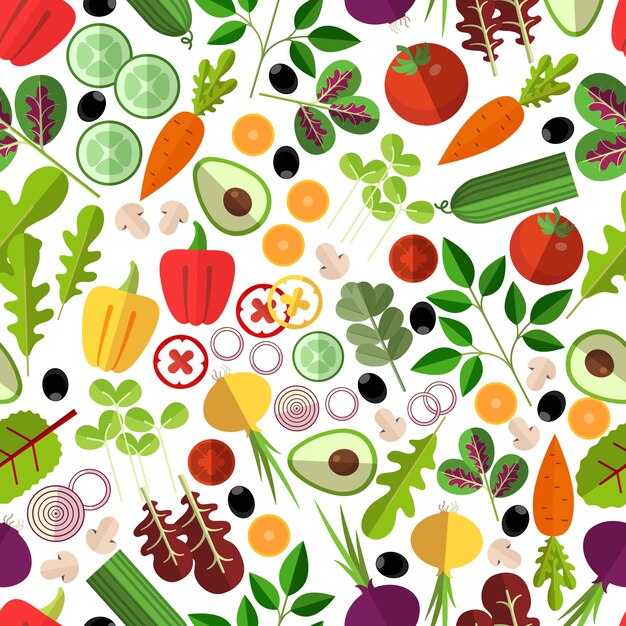 Salad ingredients seamless pattern. Vegetable mushrooms and avocado, onion and carrot, cucumber and pepper, 