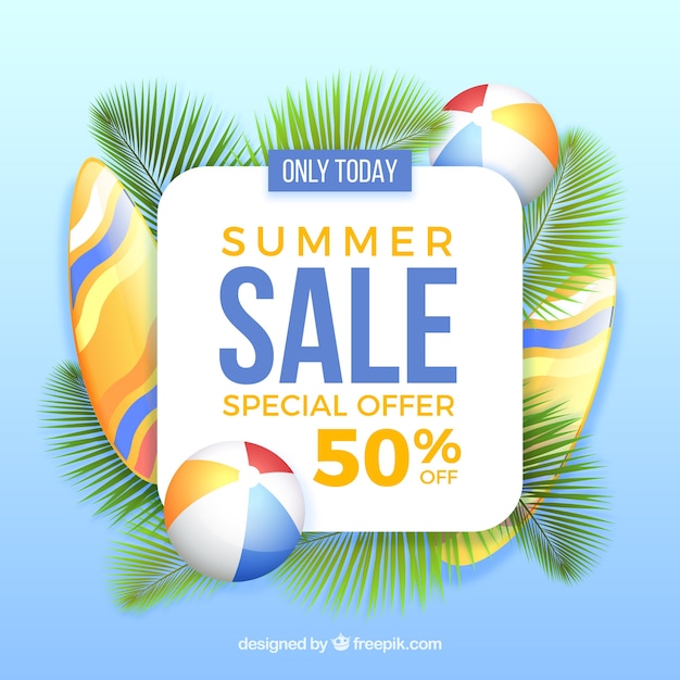 Sale background with palm leaves and summer elements