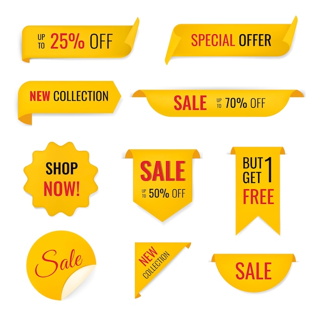 Sale banner sticker, blank vector shopping clipart set