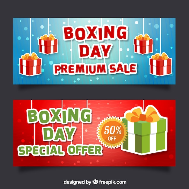 Free vector sale banners for boxing day with gifts and round shapes