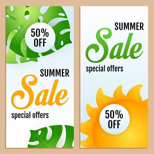 Sale, Special offers letterings set with tropical leaves and sun