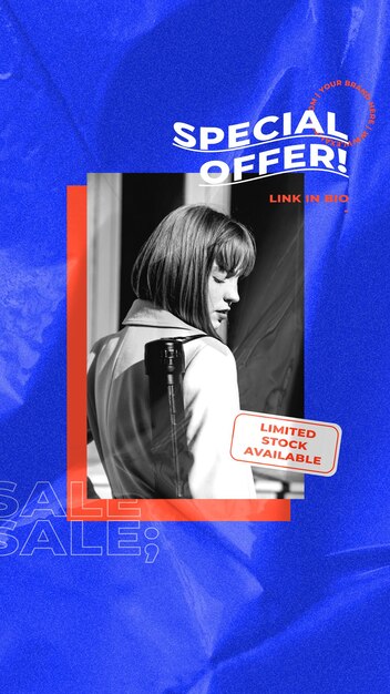 Sale template for social media story with retro blue background