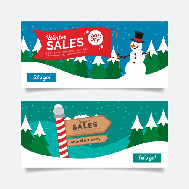 Sale winter banners with north pole sales sign and snowman