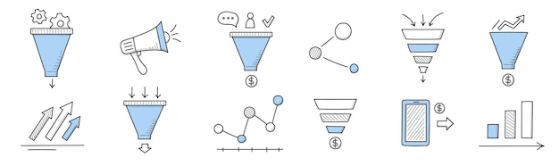 Sales funnel doodle icons, linear business signs loudspeaker, infographics graphs or charts, smartphone payment, clients attraction, management strategy and data analysis, Line art vector illustration