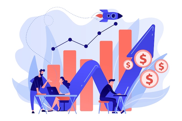 Sales managers with laptops and growth chart. Sales growth and manager, accounting, sales promotion and operations concept on white background.