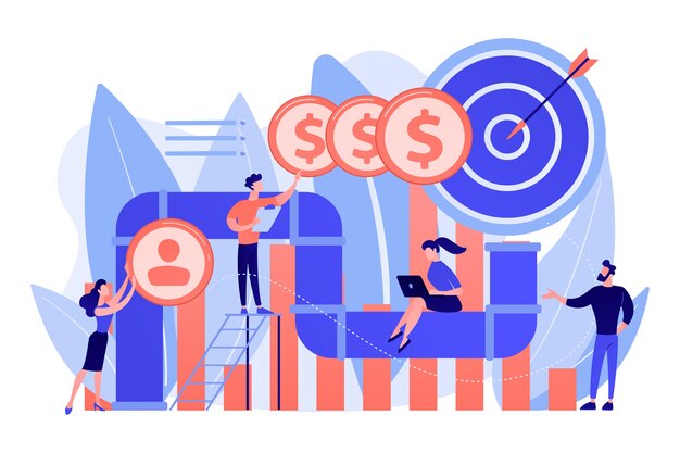 Sales reps and managers analyze sales pipeline. Sales pipeline management, representation of sales prospects, customer prospects lifecycle concept illustration