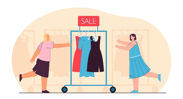 Free Vector salesgirls pushing clothes rail with dresses. sale of gowns flat illustration