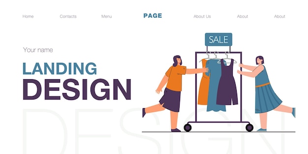 Salesgirls pushing clothes rail with dresses. Sale of gowns flat vector illustration. Clothes racks in background. Selling, shop assistant concept for banner, website design or landing web page.