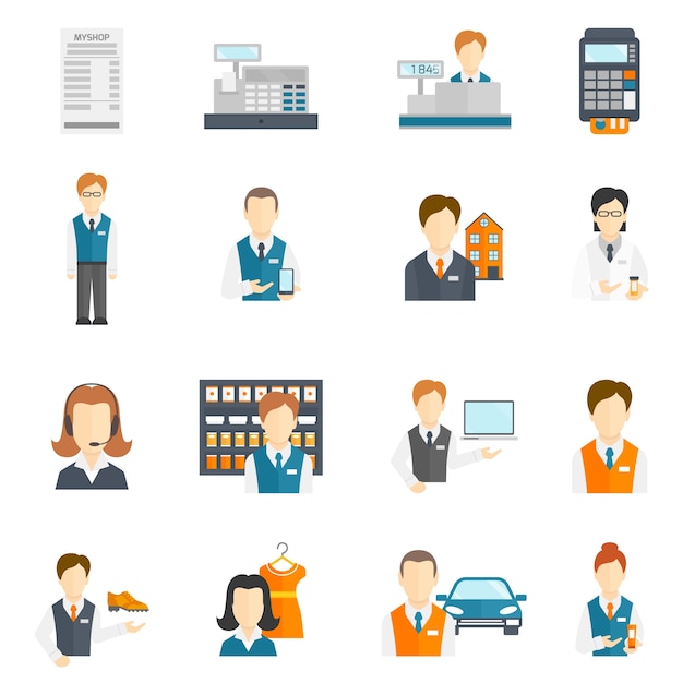 Salesman business figures icons flat set isolated vector illustration