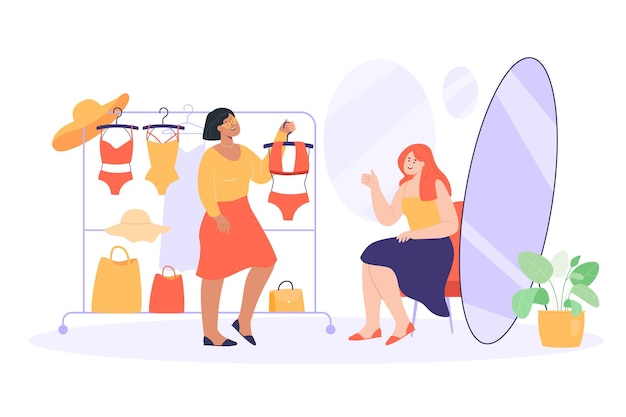 Saleswoman or owner of boutique offering swimsuit to woman. Clothing store interior with summer clothes and bags flat vector illustration. Fashion, shopping, sale concept for banner or landing page