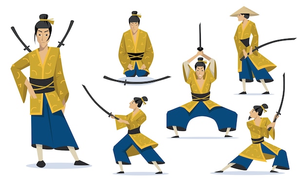 Free Vector samurai in different poses set. traditional japanese warriors wearing kimono, walking, meditating, training fighting skills.