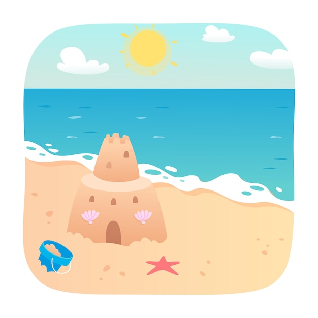 Free Vector sand castle on beach of sea island funny construction with towers from fantasy of kids cute toys plastic bucket and starfish on seaside vacation game concept