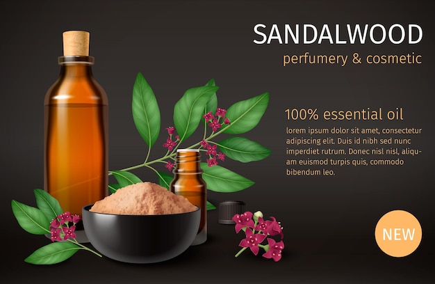 Free Vector sandalwood realistic composition with essential oil perfume powder plant twigs and editable ad text on black background vector illustration