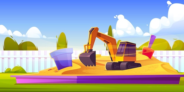 Free vector sandbox on playground, kids sand box with toys plastic bucket, excavator and shovel, sandpit at house back yard with white fence under blue cloudy sky at summer time, cartoon vector illustration