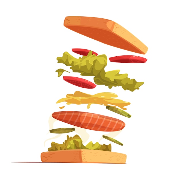 Sandwich ingredients composition with bread red fish sliced vegetables leaves of salad and mustard sauce