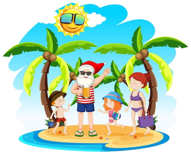 Free Vector santa claus on the beach island with children for summer christmas