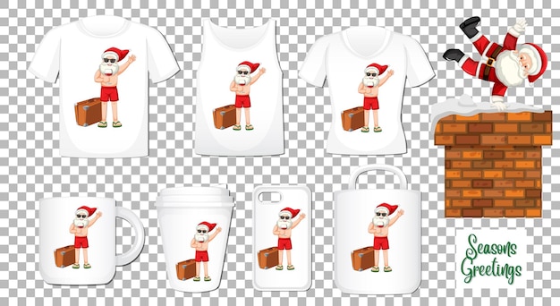 Free Vector santa claus dancing cartoon character with set of different clothes and accessories products