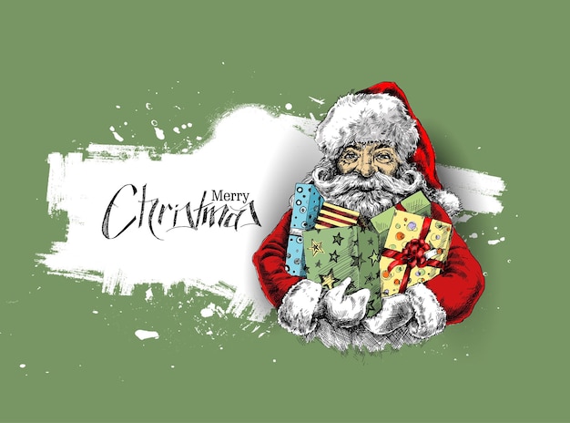 Santa Claus Holding a Gift Box. Merry Christmas - Vector illustration