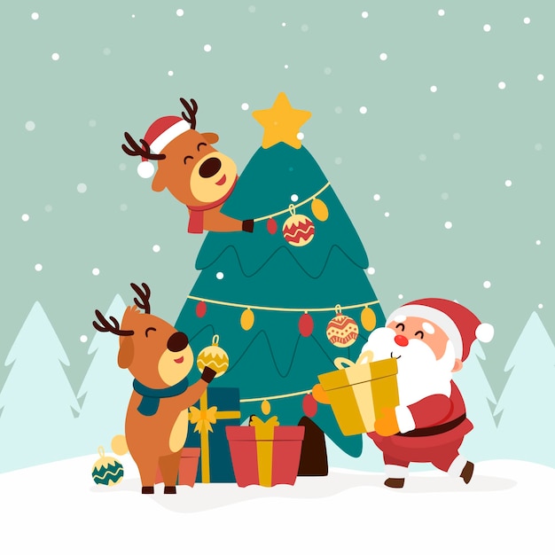 Free vector santa claus and reindeers with christmas tree