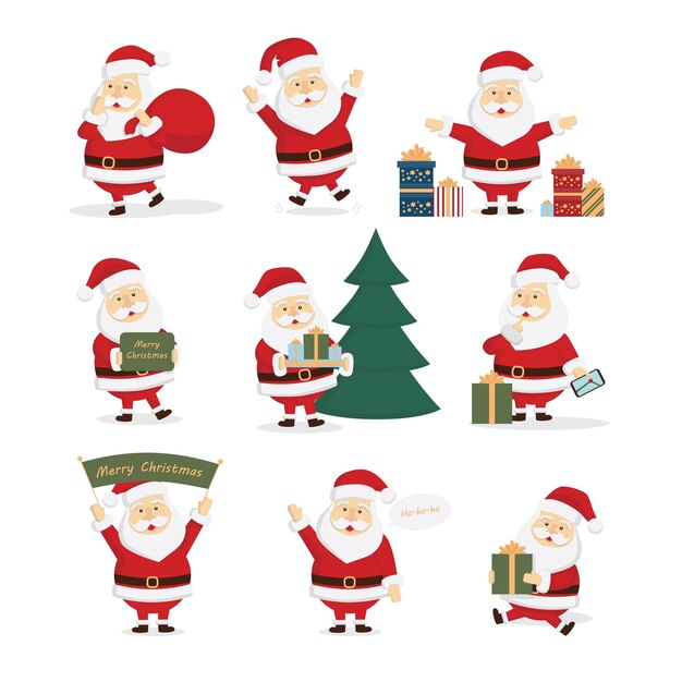 Santa Claus set Happy smiling Santa with gifts christmas tree and merry christmas signs Art for decoration