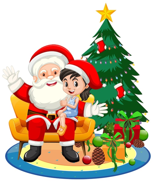 Santa Claus sitting on his lap with cute girl on white background