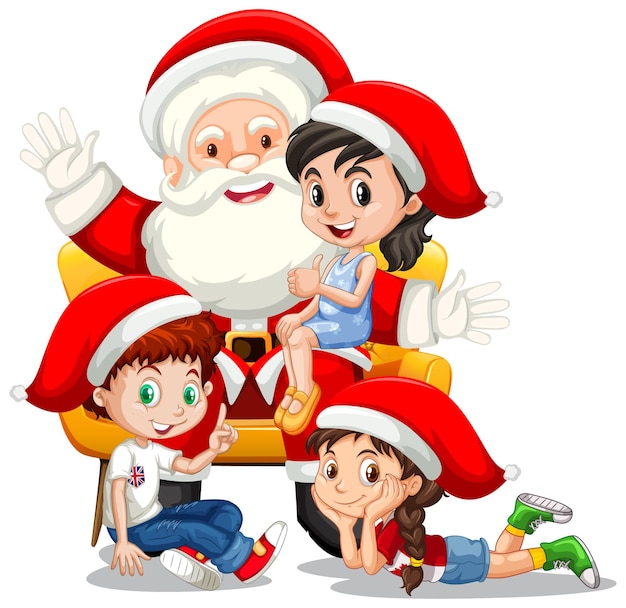 Santa Claus sitting on his lap with many kids on white background