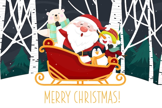 Free vector santa claus sled over snow at the christmas night with full moon and snowy