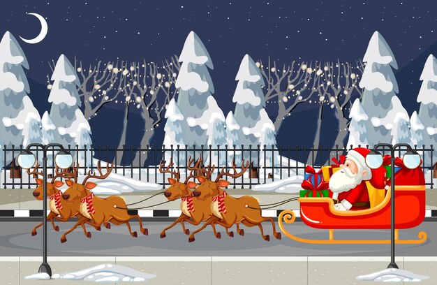 Santa Claus on sleigh with reindeer at night scene