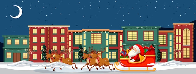 Free vector santa claus on sleigh with reindeer in the town at night