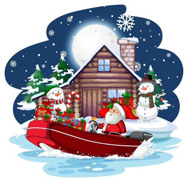 Santa Claus on a speedboat at snowy night