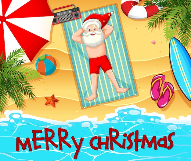 Santa Claus taking sun bath at the beach with summer element and merry christmas font