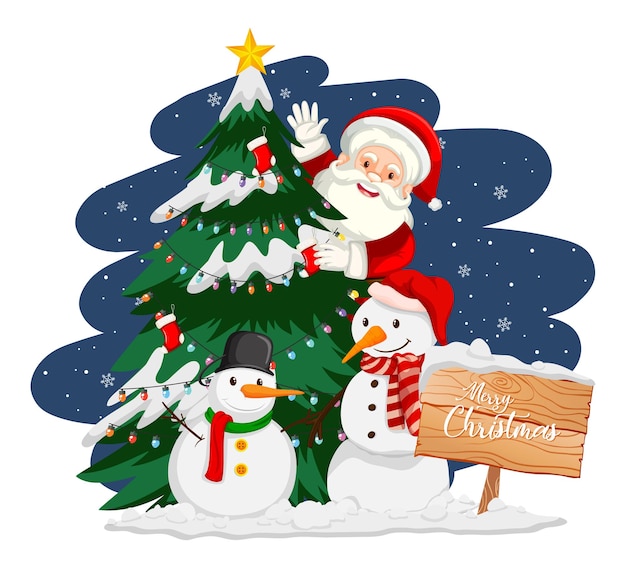 Santa Claus with christmas tree and snowman at night