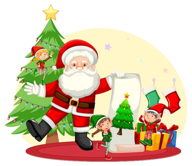 Free Vector santa claus with elves in cartoon style