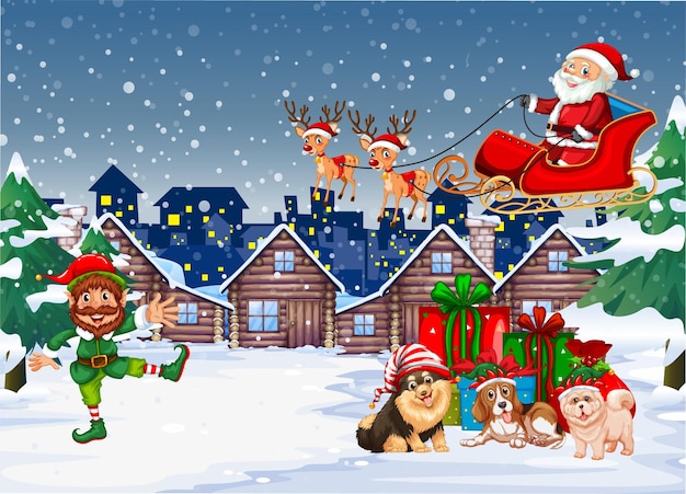 Santa Claus with friends on snowy blue background