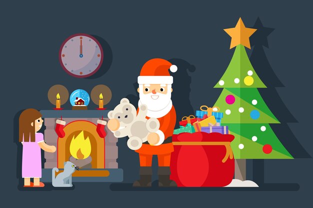 Santa gives gift to little girl near fireplace. Teddy bear and tree xmas, present for child, vector illustration