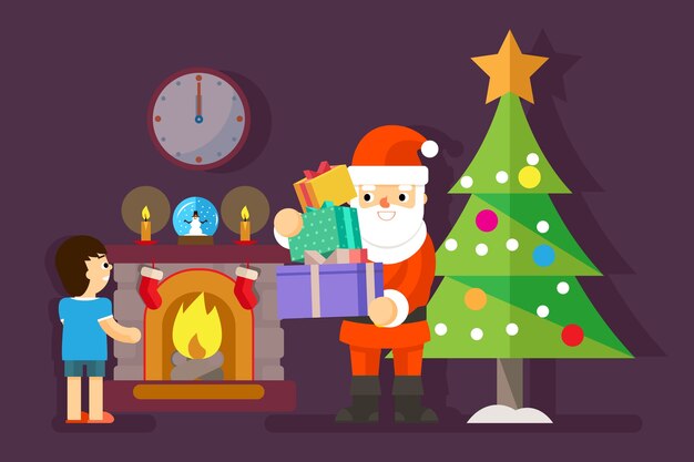 Santa gives gifts to little boy at Christmas tree. Present for child, holiday celebration, vector illustration