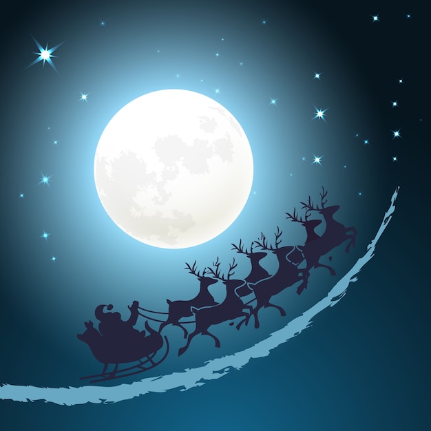 Santa on his sleigh Christmas background riding through a twilight blue sky in front of the full moon with twinkling stars  vector card design  square format