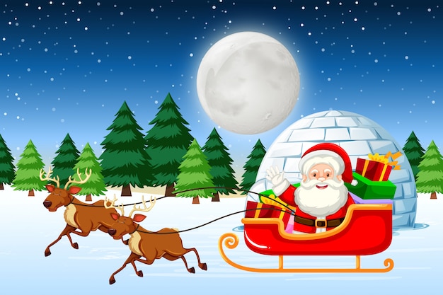 Santa riding sleigh at night