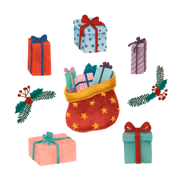 Free Vector santa sack and christmas presents illustration