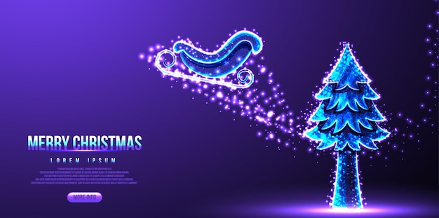 Santa  Sleigh ,Pine trees, merry christmas landing page, low poly wireframe, vector illustration