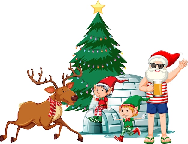 Santa in summer costume on white background