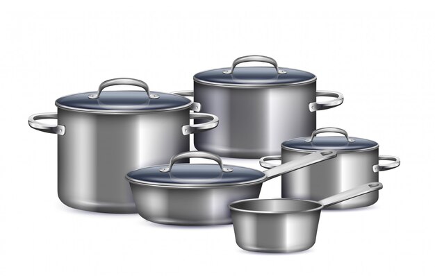 Saucepan set for cooking breakfast lunch and dinner realistic